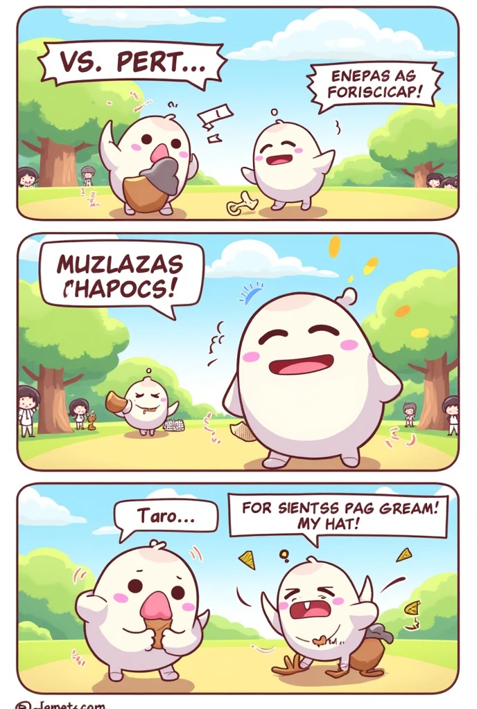 A 4-panel comic strip featuring a cheerful and clumsy character named "Taro," who has a humorous encounter with a mischievous bird. Each panel should be distinct, with speech bubbles for dialogue.
Panel 1: Taro is standing in a sunny park, holding a giant ice cream cone with a big smile on his face. The background shows green trees and a few people walking by. Taro says in a speech bubble, "Wow! This ice cream is huge!"
Panel 2: Suddenly, a bird appears in the sky, eyeing Taro’s ice cream. The bird looks determined, and Taro has a surprised expression. The speech bubble reads, "Huh? What’s that?"
Panel 3: The bird swoops down, and Taro panics, losing his grip on the ice cream cone. The ice cream is flying through the air. Taro shouts in the speech bubble, "Nooo! My ice cream!"
Panel 4: Taro is sitting on the ground, looking disappointed with tears in his eyes. The bird is happily eating the ice cream from a nearby bench. Taro's speech bubble says, "Why does this always happen to me?" The background shows a few passersby laughing or reacting to the situation.
The overall art style should be lighthearted, with bright colors and simple, expressive lines. Each panel should clearly convey the progression of the story with appropriate character emotions and dynamic action.
