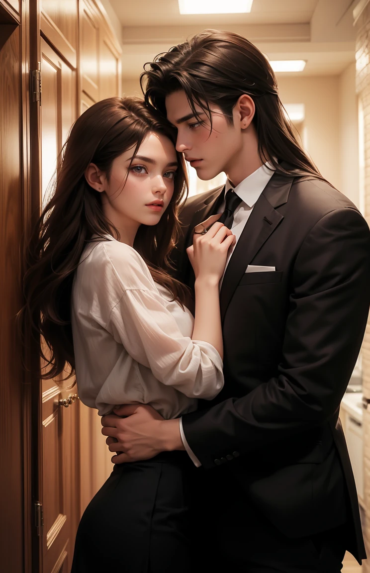 1 man,1woman, woman in long hair, woman look like Winter Aespa, brown hair, purple eyes, brown shirt, black skirt, man in musculair, man look idol, suit, trained, man are taller than woman, hugging romance, background gold brown room