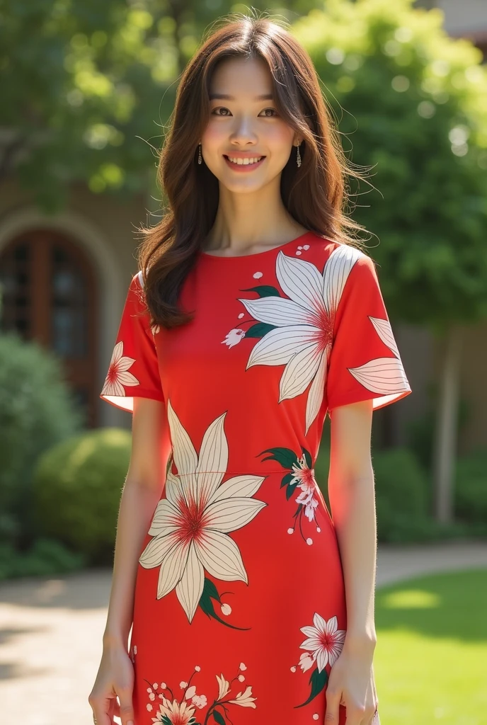 I&#39;ve been imagining a red and white printed dress. I&#39;d like to swap out the floral prints for larger, wind-shaped prints..

Slightly smaller and more fluid prints. Dress with two short sleeves Prints a little more separated, with a Caucasian model with a shy and cheerful posture in a garden The only change is the model. How about a European one??