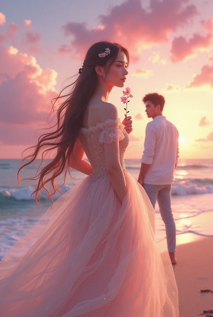 An image of 9:16 ratio of a girl with pretty frock and her long hair till her thighs sitting at a beach with pink sky and a men is adoring her with a flower in his hand 