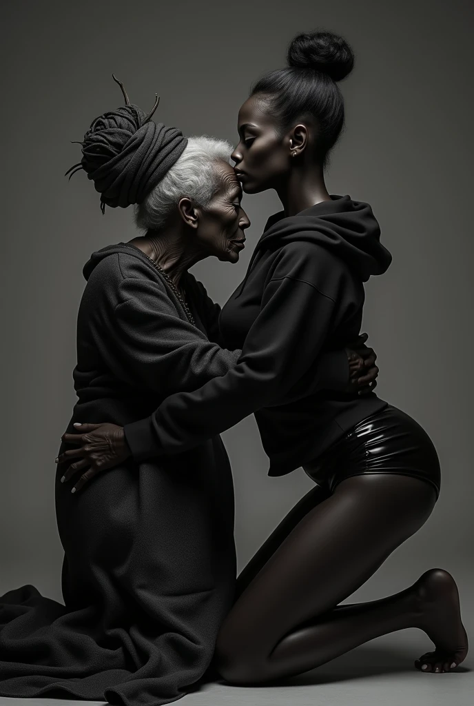 black woman hair in a bun black hoodie black leather short shorts a old grandma in a dress on her knees kissing her ass behind her squeezing her butt