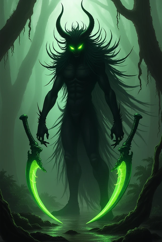 a creature with a body like a human, only it has a kind of sharp bone at the ends of both hands, forming a kind of scythe that extends to the back of its elbows.,and its hair is like a sharp scythe that extends to its rear abdomen,it has many sharp bones that protrude forming thorns all over its body, glowing green, and its body is black, Its eyes are also a glowing green,he has some horns on his head that are not perfect,it is in a dense swamp forest