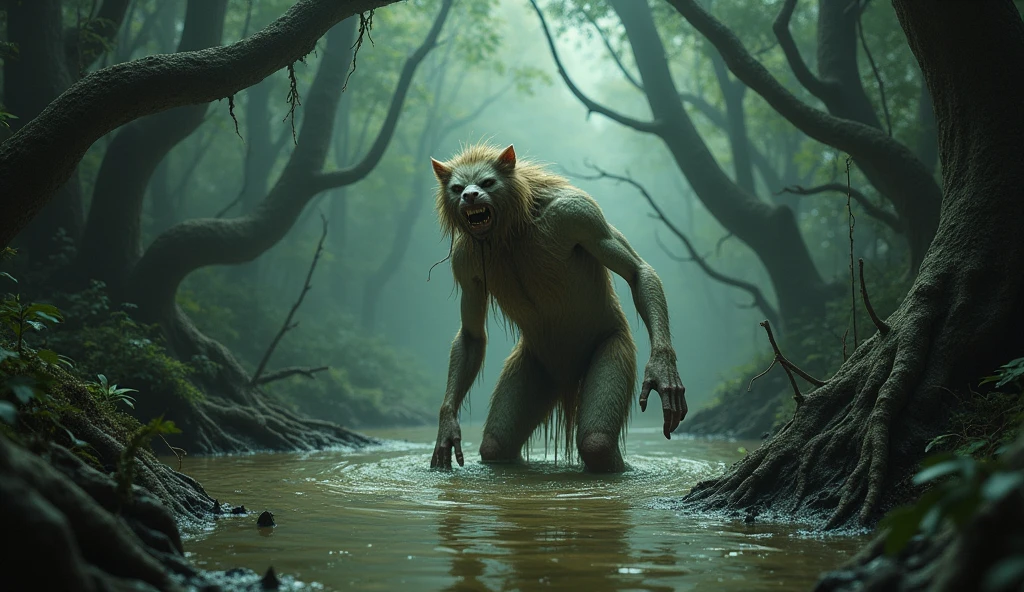 Naked furry in quicksand in the woods