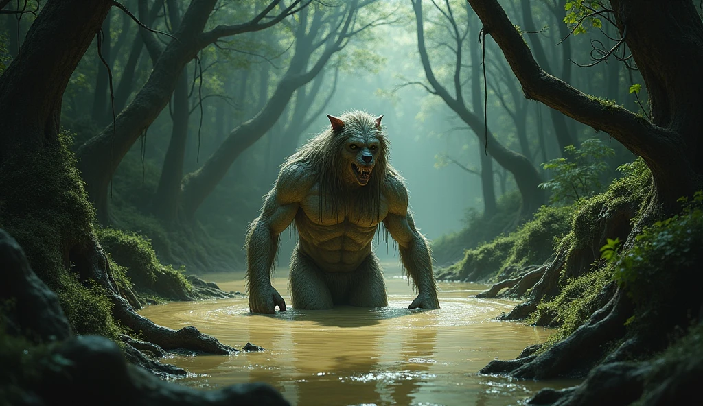 Naked furry sinking in quicksand in the woods 
