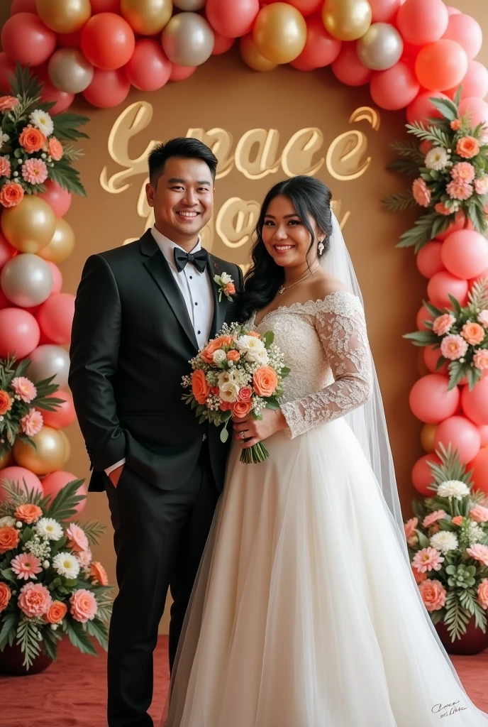 Real Pinoy wedding.woman semi chubby beautiful with wedding gown and man handsome with black attire.with name wall "Grace and Ryan"with flowers baloons