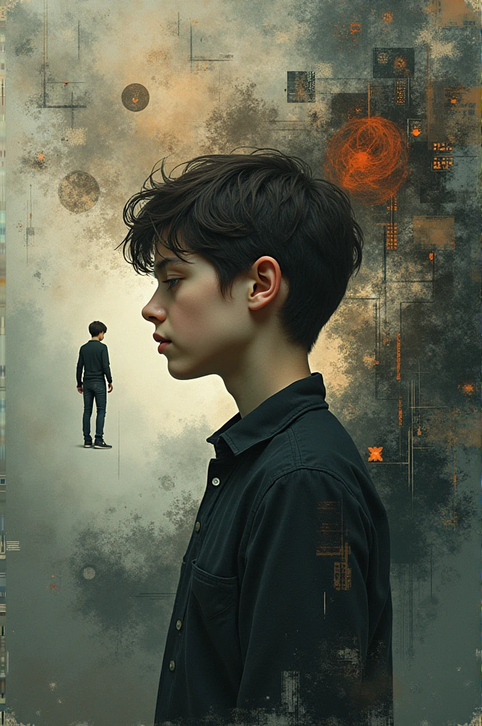 cover will have the main character (16 year old boy) in the middle, with a smaller version of themselves falling inside their body, surrounded by distorted memories in the background.