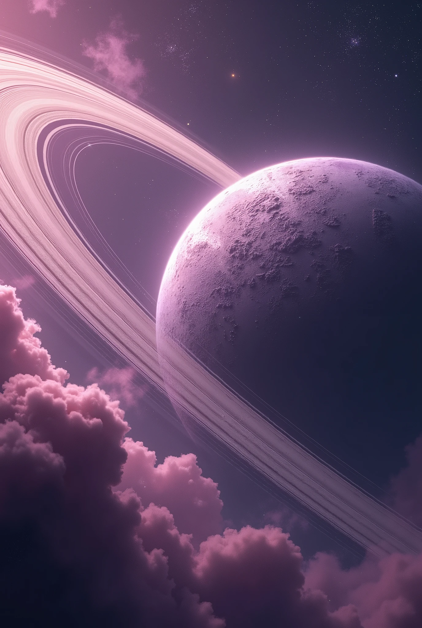 Avec un télescope puissant, découverte d'une planète rocheuses. D'aspect poudreux. Couleurs dans les tons violets avec un anneaux. Magnifique arrière plan. Nébuleuses. Étoiles. Chef d'oeuvre. Ultra détaillé. Majestueux