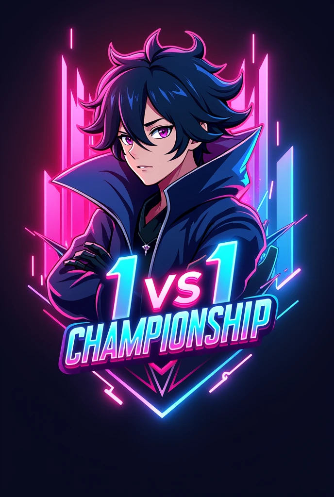 This is a gaming logo that features the name "1 vs 1 championship " in a futuristic font and a neon color. and Men Anime avtar Asta, The logo also has a matching color in the background. The logo is designed to be attractive and eye-catching, and to appeal to gaming enthusiasts and You Tube viewers, I hope you like it.