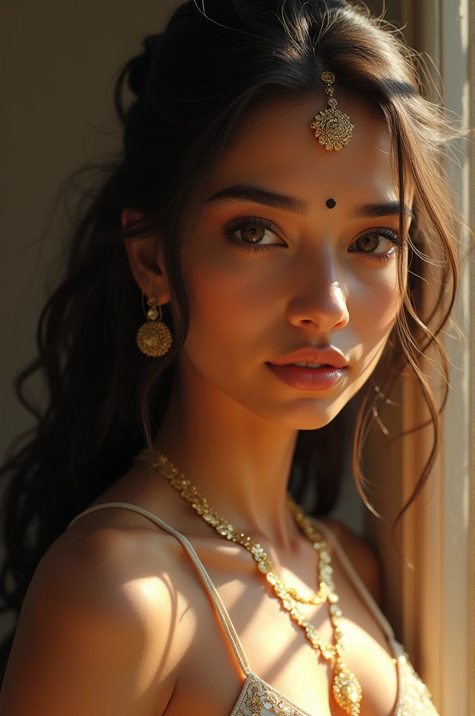 Her skin is fair and radiant, like the finest ivory. Her eyes are deep and dark, like pools of endless night. Her hair falls in soft, glossy waves, shimmering in the light like spun gold. Her body is slender and gracefully curved, each movement as elegant as a flower in the breeze." And indian