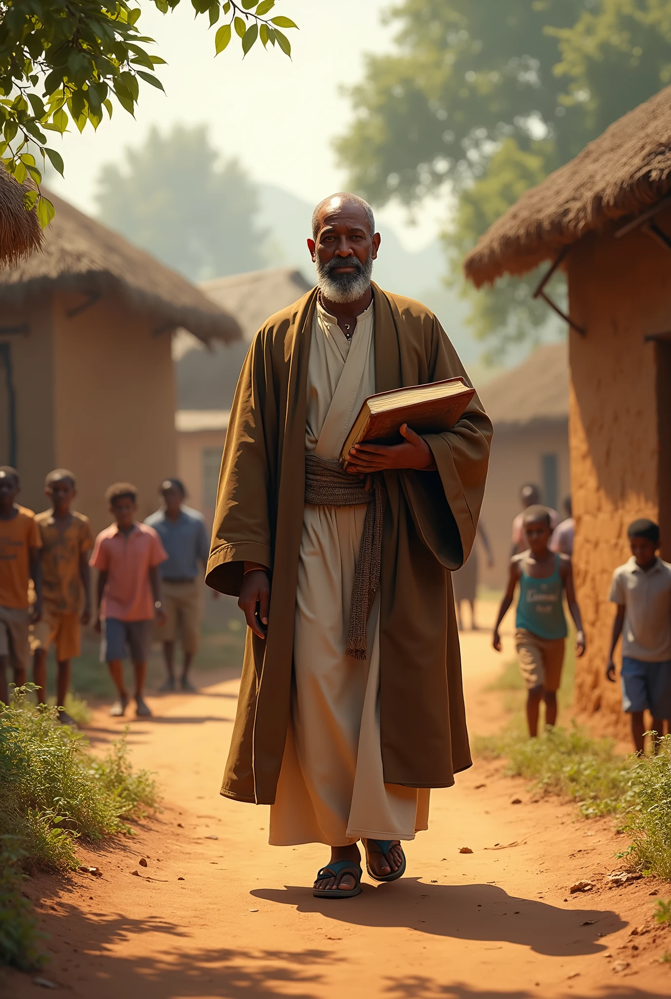 Pastor walking in an African village carrying a Bible