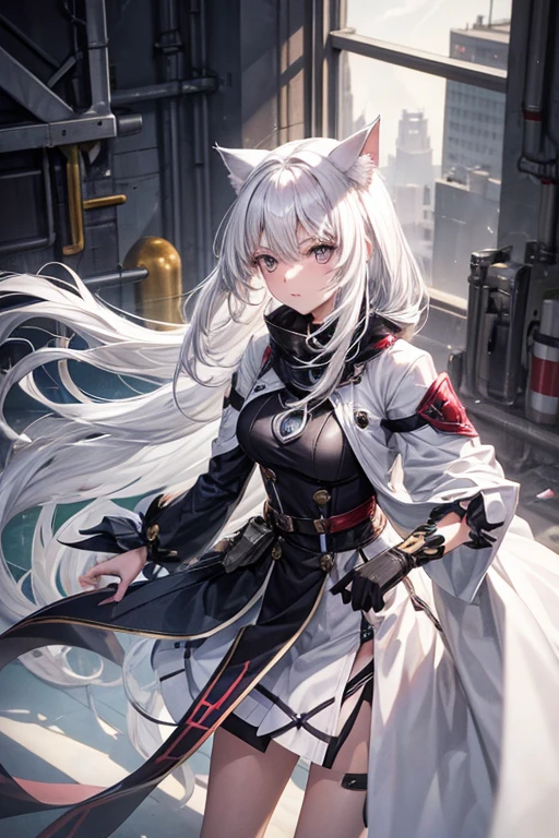 white haired girl with long hair grey eyes, scince fiction, mechanican, spoiled with cat