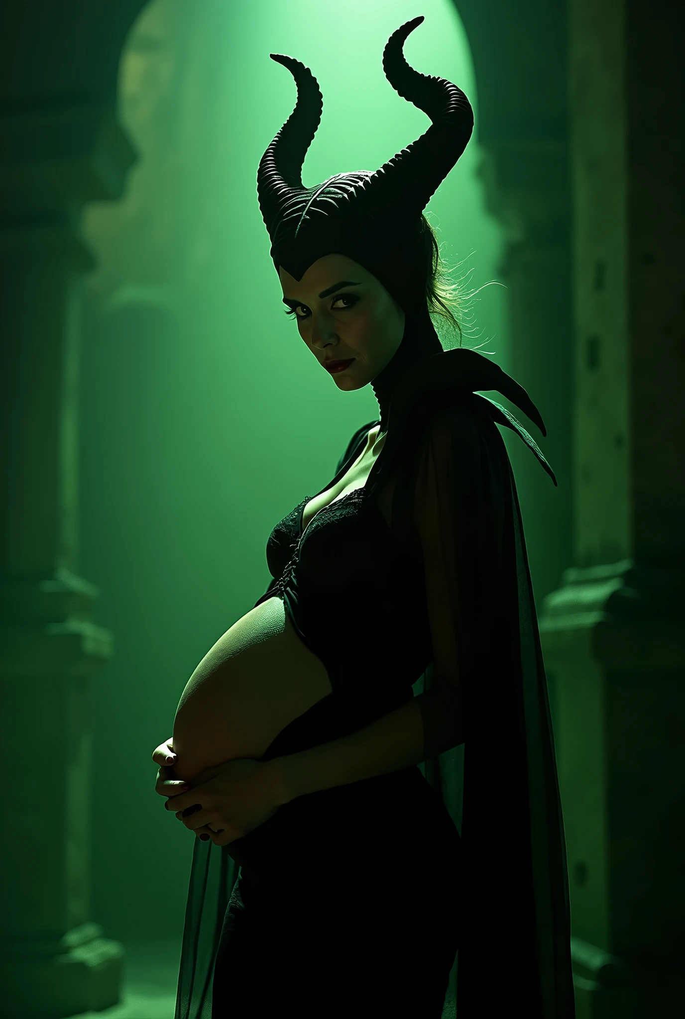 A stunning portrait of Maleficent, She is pregnant, holding her belly, young and beautiful, hyper realistic, real portrait, backlit, exquisite features, cleavage, sexy, seductive, unnatural light, soft light, location is the interior of a dungeon, green light, eerie,