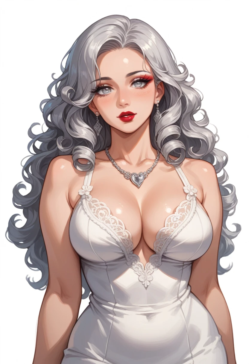 pale skin, silver eyes, a gorgeous woman,  woman, perfect skin, long hair, curly hair, silver hair, curly, perfect hourglass figure, (curvy body), ((makeup)) large breast(Compressed chest:1.3), (tempting body), create an image of a fantasy character wearing a white fantasy maxi dress that outlined her seductive body, makeup, lipstick, necklace, character in the middle, standing