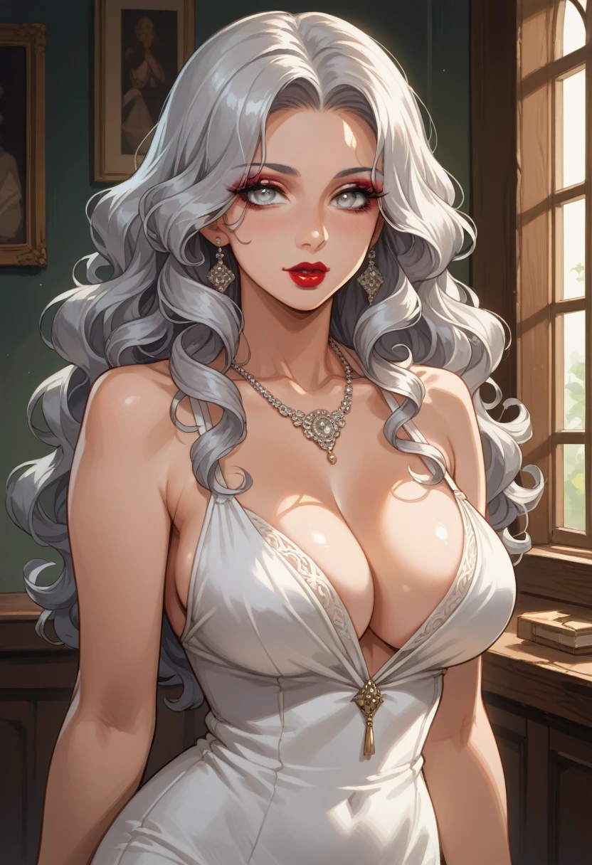 pale skin, silver eyes, a gorgeous woman, mature woman, perfect skin, long hair, curly hair, silver hair, curly, perfect hourglass figure, (curvy body), ((makeup)) large breasts:1.2, (Compressed chest:1.3), (tempting body), create an image of a fantasy character wearing a white fantasy maxi dress that outlined her seductive body, makeup, lipstick, necklace, character in the middle, standing