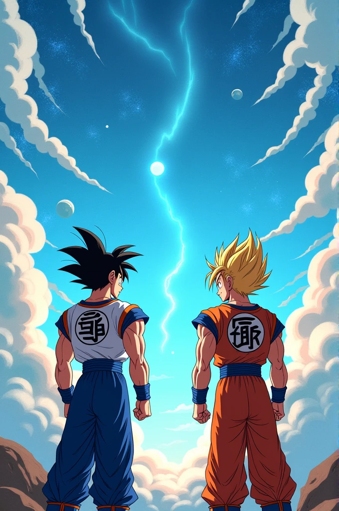 Dragon Ball characters Gogeta and Vegito looking up at the sky