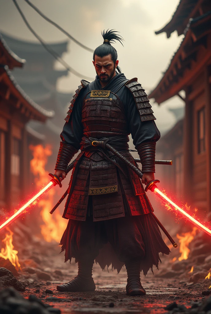 A samurai in a burning village angry holding his katana which red in color with hot tempered blade and he is alone