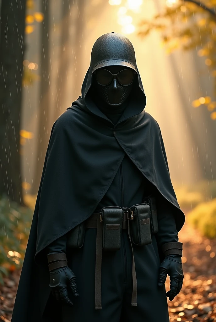 A man wearing a black cloth outfit, his face completely covered by an iron mask with Black glasses, wearing an M35 helmet, Wear a sun protective jacket, Wear gloves and 2cm boots.

Set in Hometown, The forest and the weather were sunny with light rain.