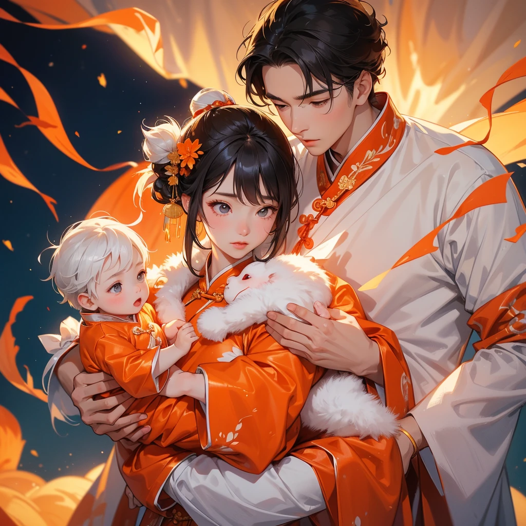 A one-year-old baby boy in an white ancient Chinese baby costume with his beautiful mother, dressed in an ancient Chinese costume, There are some floating clouds, playing with each other, with his handsome father standing next to his mother, close up.

Background is a volcano, lava erupting orange-red
