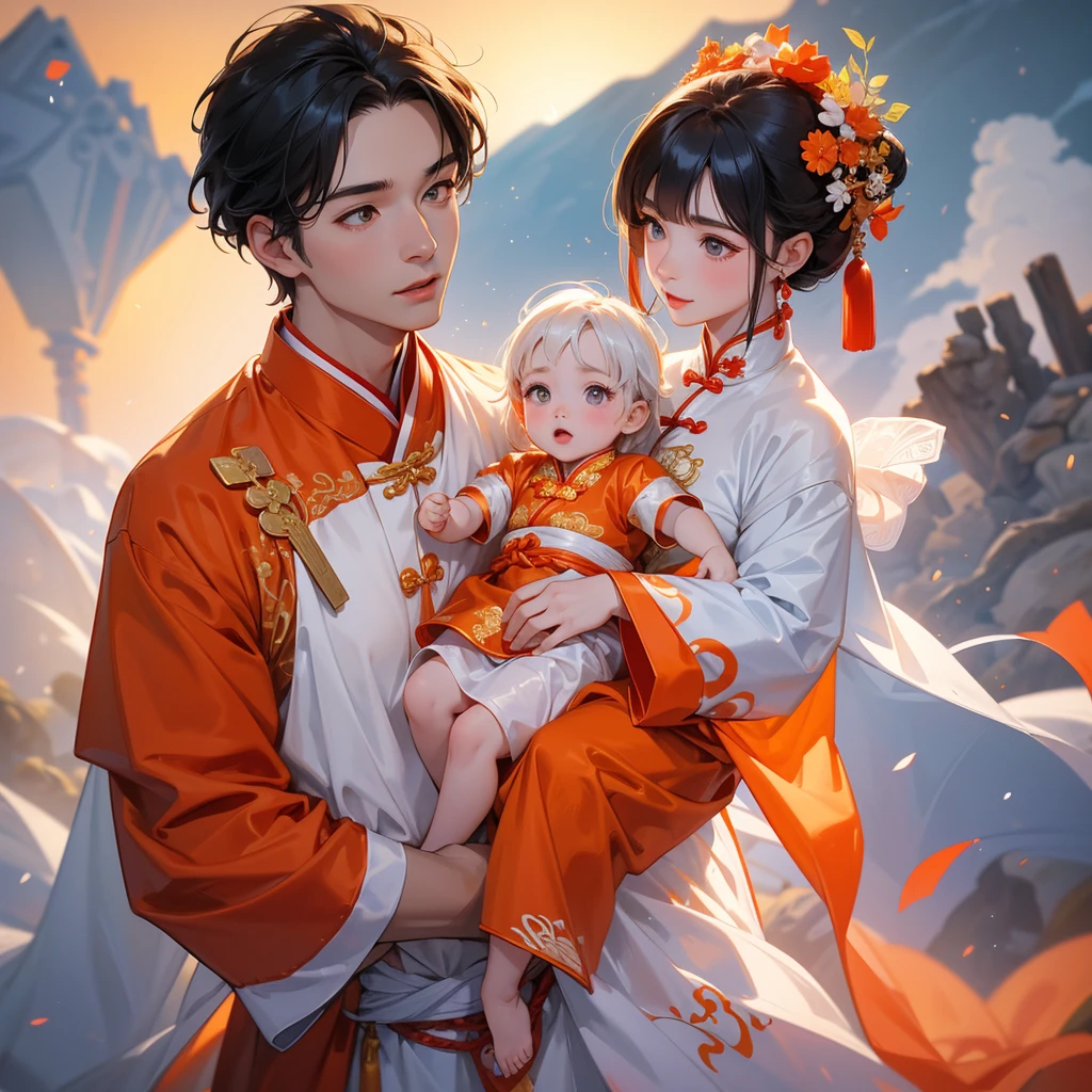 A one-year-old baby boy in an white ancient Chinese baby costume with his beautiful mother, dressed in an ancient Chinese costume, There are some floating clouds, playing with each other, with his handsome father standing next to his mother, close up.
Background is a volcano, lava erupting orange-red