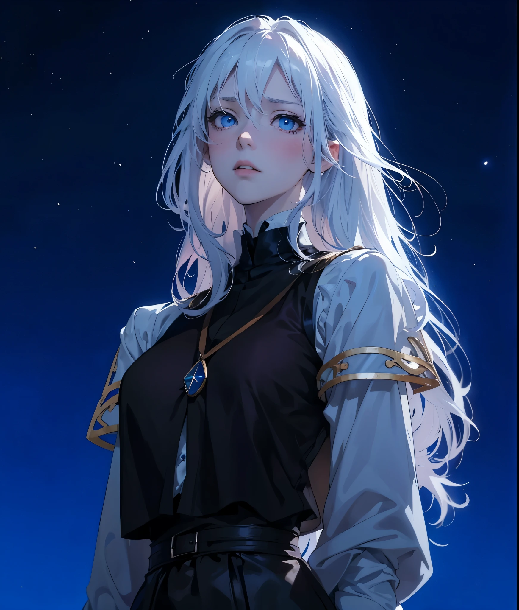 2D Anime, anime style, ((ufotable)), mappa, anime studio, styled anime ilustration, A young albino woman on a starry night, elegant proper noble medieval woman, beautiful, white long hair, rebellious hair, crazy bangs, pink lips, blue stronger eyes, white eyelashes, white skin, she is dressing a white loose shirt, loose sleeves, With a black leather vest without details, tight, long brown skirt, brown fabric sash, ultra detail, ulreal quality, pure night, stars, hiper detailed sky, beautiful blue eyes, dinamic pose, sad, blush, elegant, Reserved, clothes well put on, shirt closed, ((anime scene 9.0))