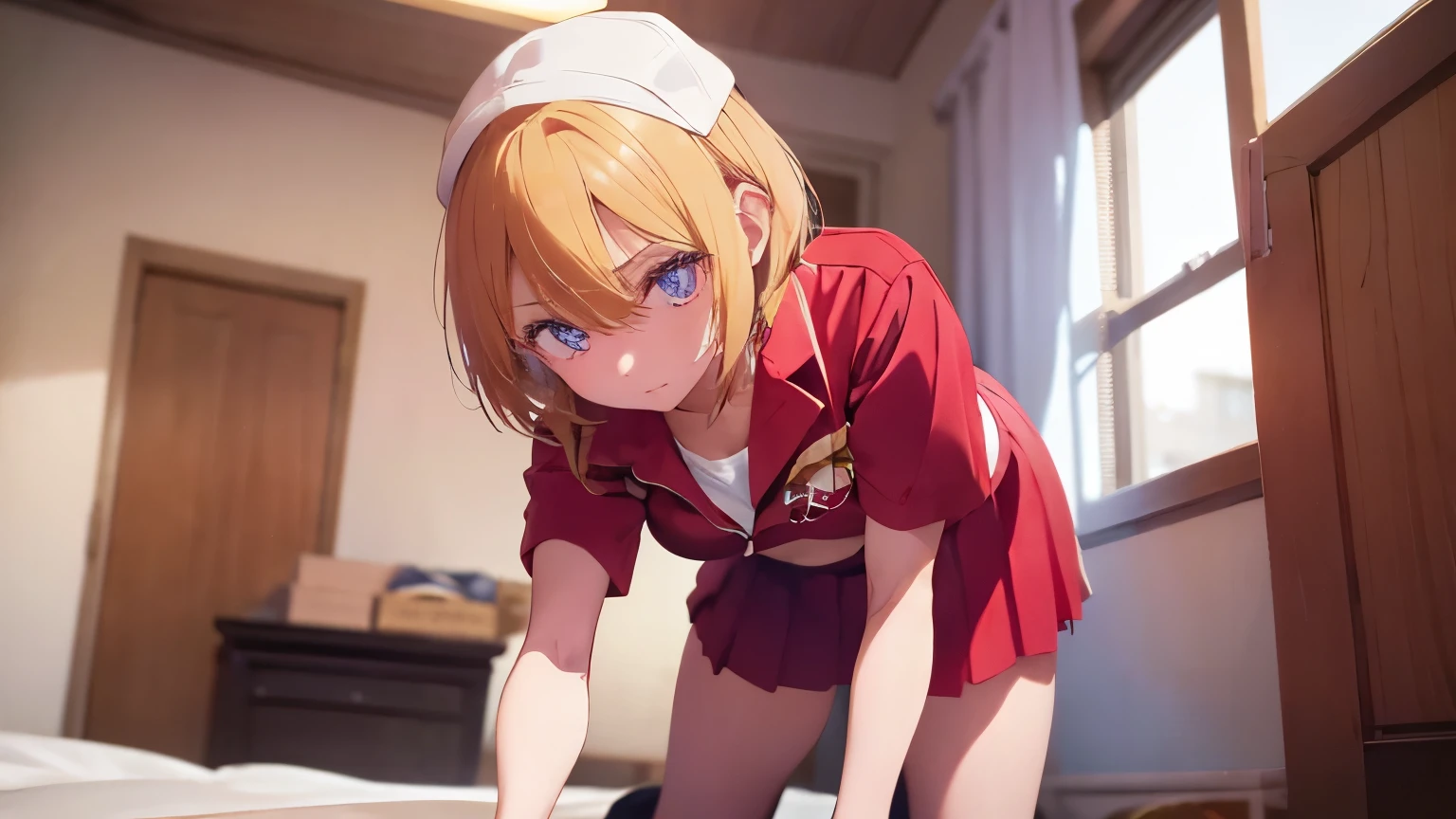 A 20-year-old girl with short blonde hair, eyes the color of honey, and a slim body, crouching down looking for something under a bed, You can see his underwear. his face is refined, and wears a red pizza delivery uniform. She wears a cap that matches the red color of her uniform and a red skirt.. 