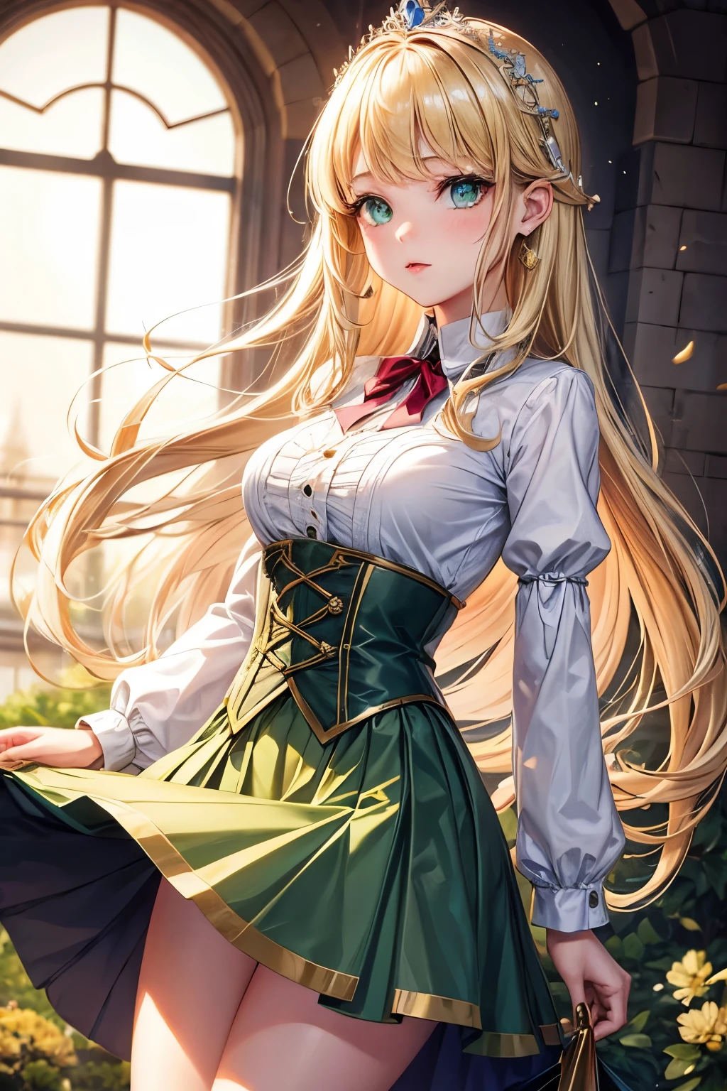 1girl, blond hair, green eyes, princess, beauty, young adult, skirt