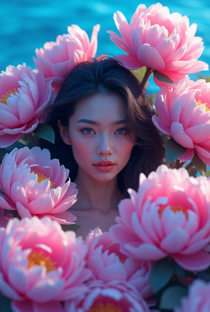 Many peony flowers are pink and purple.., Blue background, Very detailed, surreal, 3D, Octane rendering, bright colors, Digital paint, Art Station Trends, sharp focus, beautiful and cool woman,