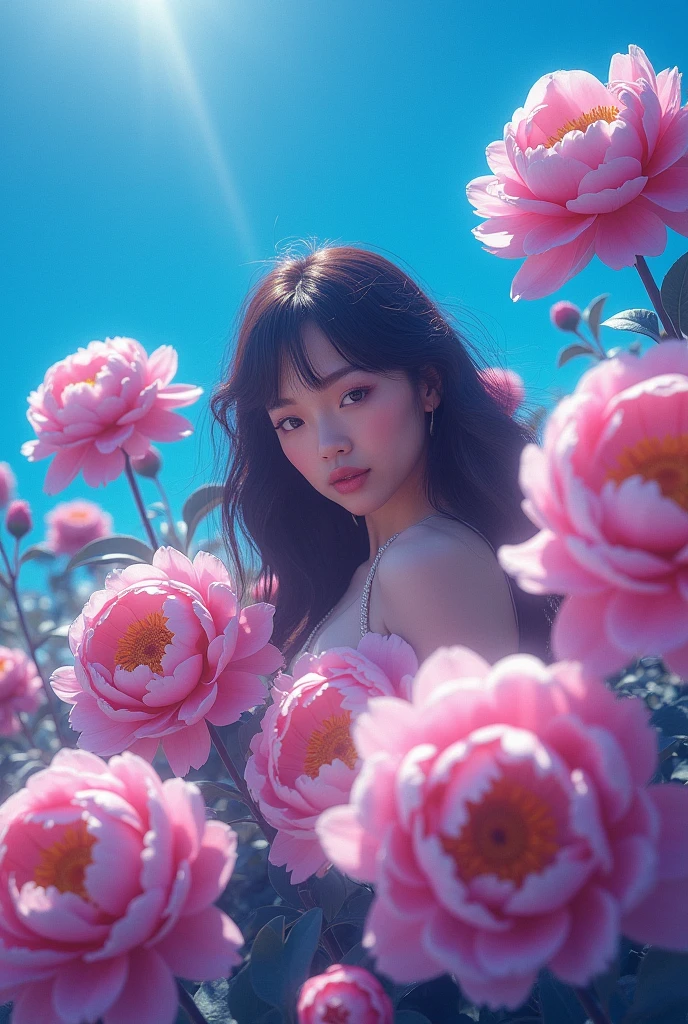 Many peony flowers are pink and purple.., Blue background, Very detailed, surreal, 3D, Octane rendering, bright colors, Digital paint, Art Station Trends, sharp focus, beautiful and cool woman,
