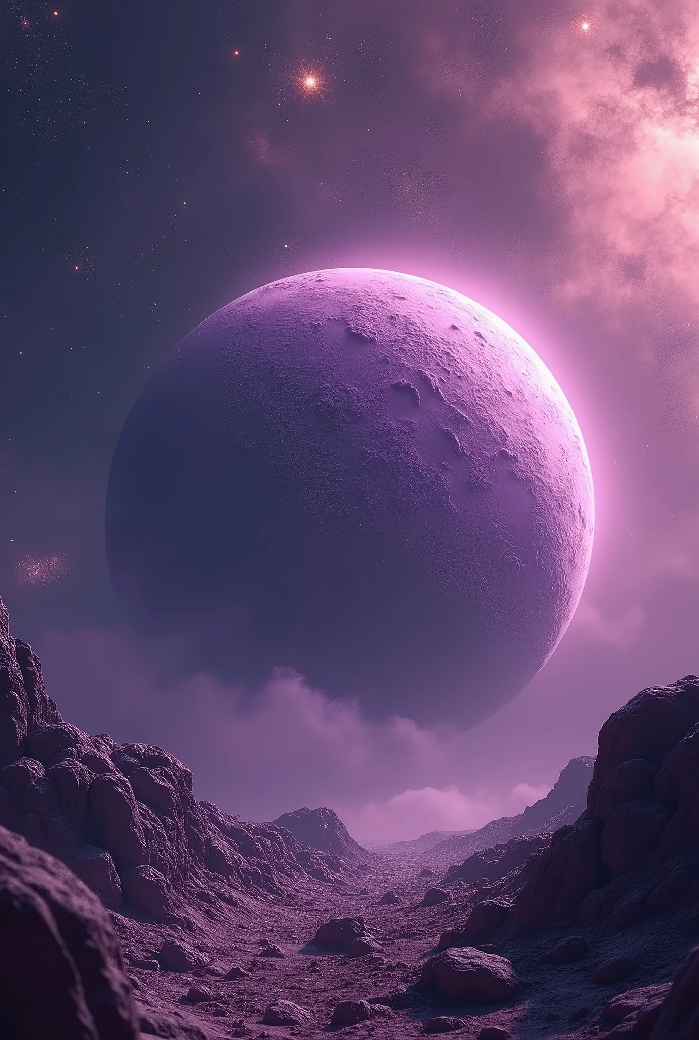 Avec un télescope puissant, découverte d'une planète rocheuses. D'aspect poudreux. Couleurs dans les tons violets. Magnifique arrière plan. Nébuleuses. Étoiles. Chef d'oeuvre. Ultra détaillé. Majestueux