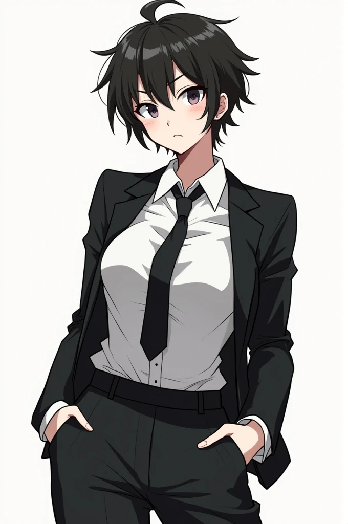 Generate a girl but she is tomboy and wearing a corporate uniform and white face anime