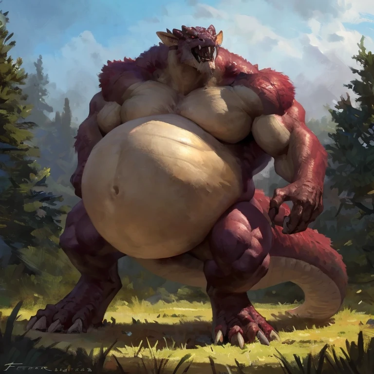 Detailed painting, by Taran Fiddler, dragoness, full body, feral, dainty, friendly, voracious, glutonous, colorful, rounded snout, wings, pregnant-like belly, round belly, dominant belly, huge belly, bloated belly, big muscles, wide body, thick body muscles, powerfull muscles, beefy muscles, thick neck, beefy neck, sharp fangs, long and sharp fangs, big feet, long feet, powerfull feet, giant feet, enormous feet, long and sharp claws, tall, enormous, giant, gigantic, gargantuan, kaiju, powerfull look, badass look