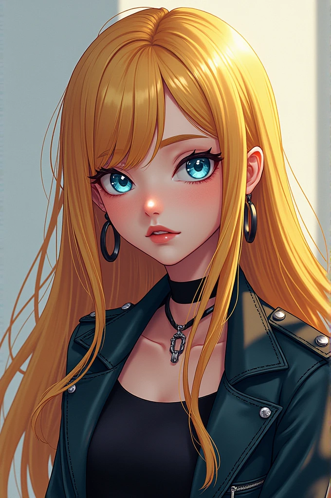 woman, blonde hair, long hair, side swept bangs, blue eyes, emo clothing, animated