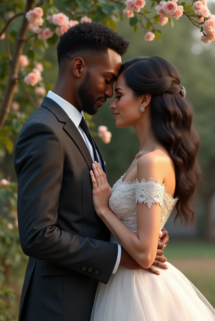 A couple of a dark-skinned man and a white woman with initials E & M dresses for wedding