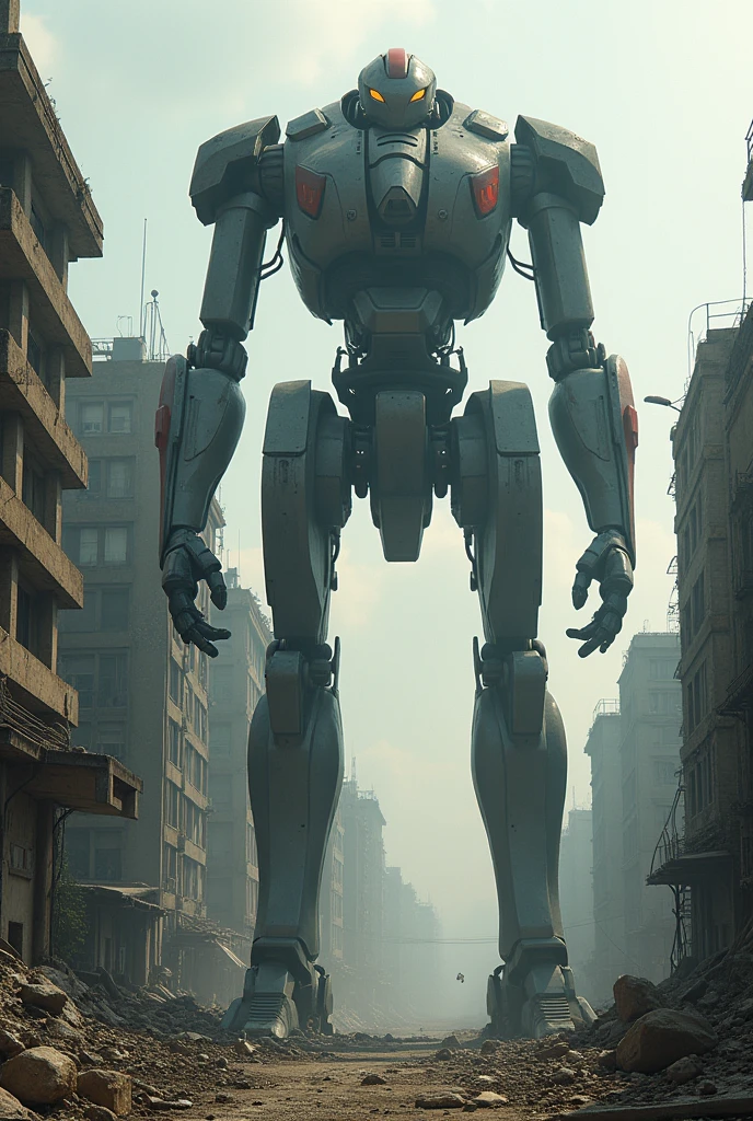 Image of a ruined city where the sentinels from the X-Men comics appear