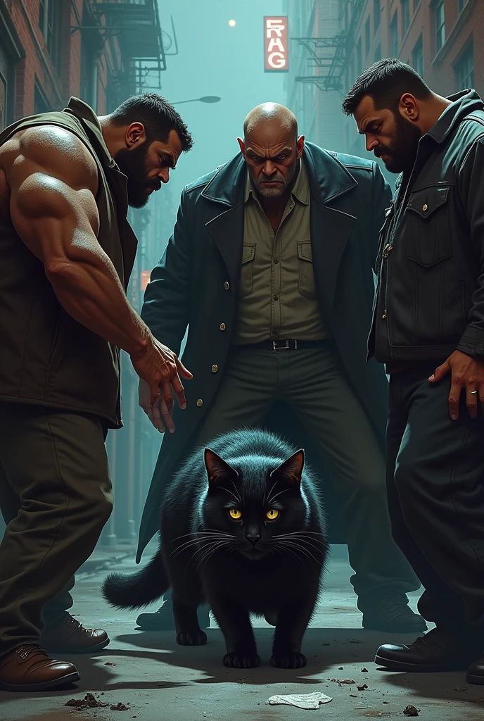 Three gangsters trying to kidnap a black kitty from a black muscular human body cat