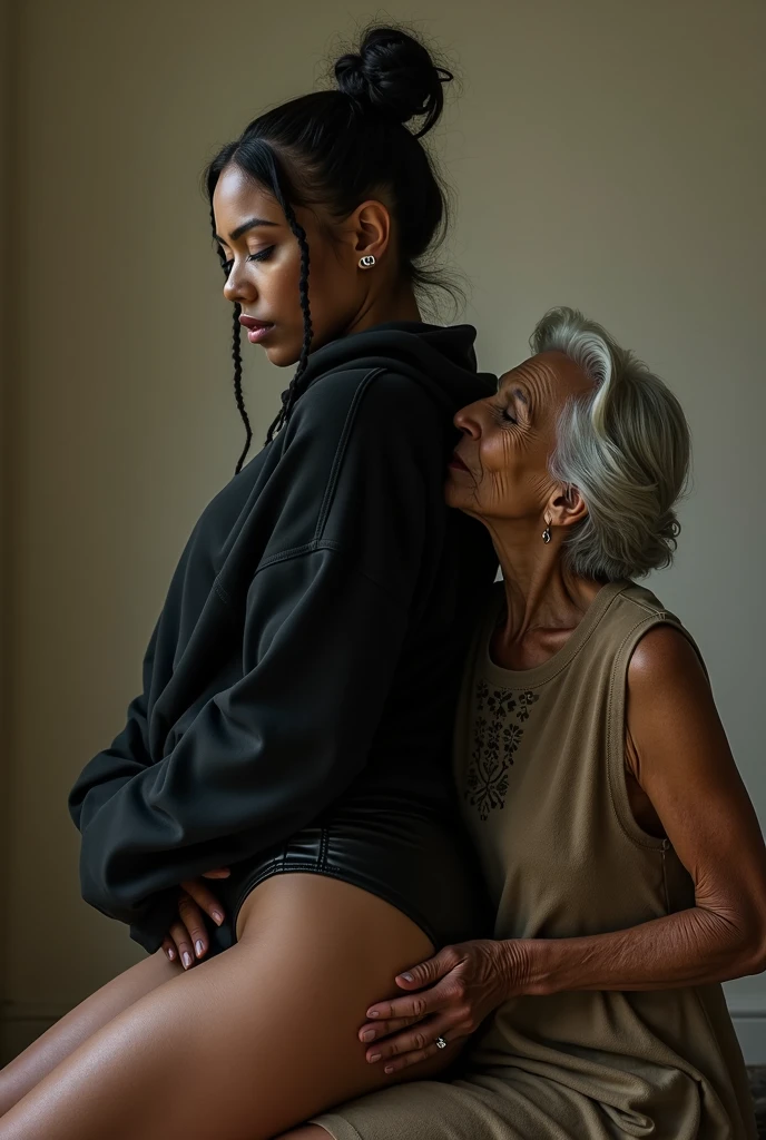black woman hair in a bun black hoodie black leather short shorts a old grandma in a dress on her knees kissing her ass behind her squeezing her ass cheeks and kissing her pussy