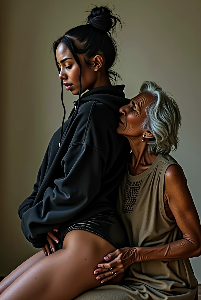 black woman hair in a bun black hoodie black leather short shorts a old grandma in a dress on her knees kissing her ass behind her squeezing her ass cheeks and kissing her pussy