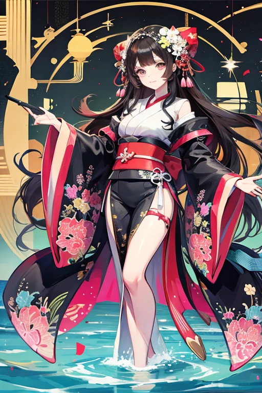 A beautiful woman in a kimono shows her white teeth、SeaArt creates stunning illustrations of beautiful women in kimono、Brown-black long hair、Full Body Style、Beautiful digital artwork, Beautiful digital illustrations, Beautiful digital painting, Smooth anime CG art,Amazing digital illustrations, Detailed digital anime art, Beautiful anime portraits
