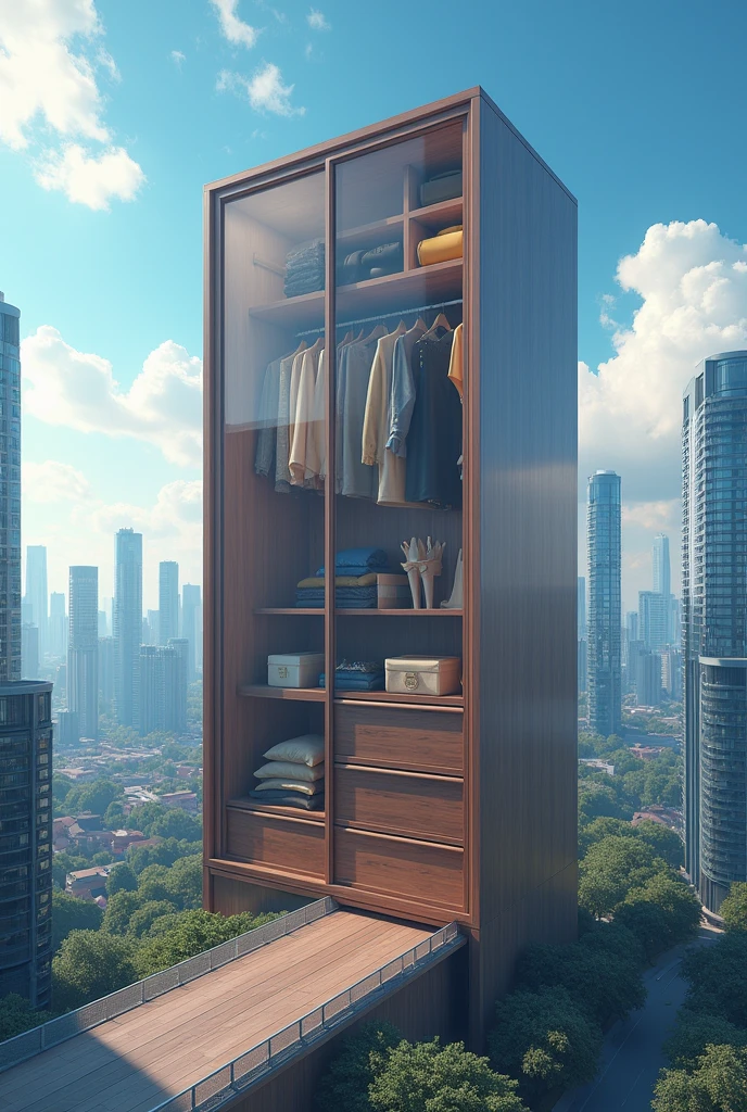 A super large wardrobe stands in the middle of the city,The wardrobe is the same size as the high-rise,City scene,Modern City,Street View,Lots of high-rise buildings,The vista is blue sky and white clouds,sunny,Good-looking colors,3d,C4D,Unreal Engine Rendering,Exquisite,Rich details,Layering,Depth,Large 4K HD image