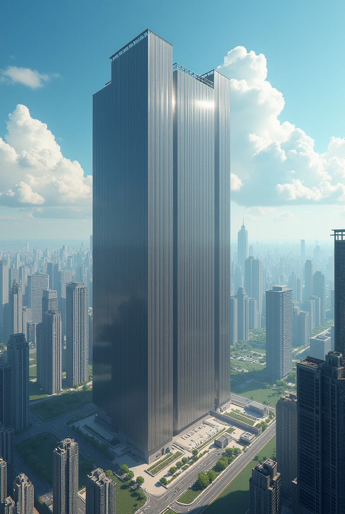 A super large wardrobe stands in the middle of the city，The wardrobe is the same size as the high-rise，City scene，Modern City，Street View，Lots of high-rise buildings，The vista is blue sky and white clouds，sunny，Good-looking colors，3d，C4D，Unreal Engine Rendering，Exquisite，Rich details，Layering，Depth，Large 4K HD image