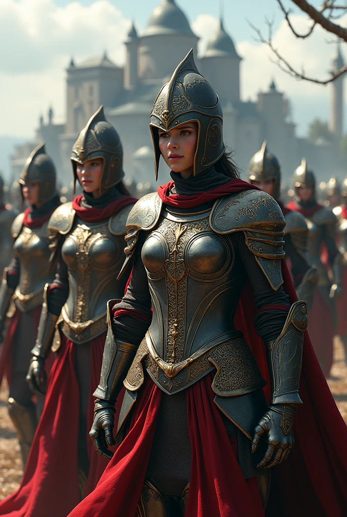 a group of women with colored hair and detailed medieval paladin dress armor, standing, medieval city with castle background and all women are without cloth 