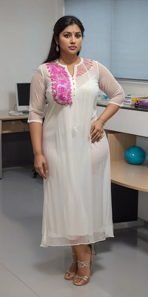 Day scene, A radiant, full-figured South Indian 35 year old aunty a white colour chiffon gown ,standing, in a office captured in a full-body image with vibrant hues and meticulous details. Full body image