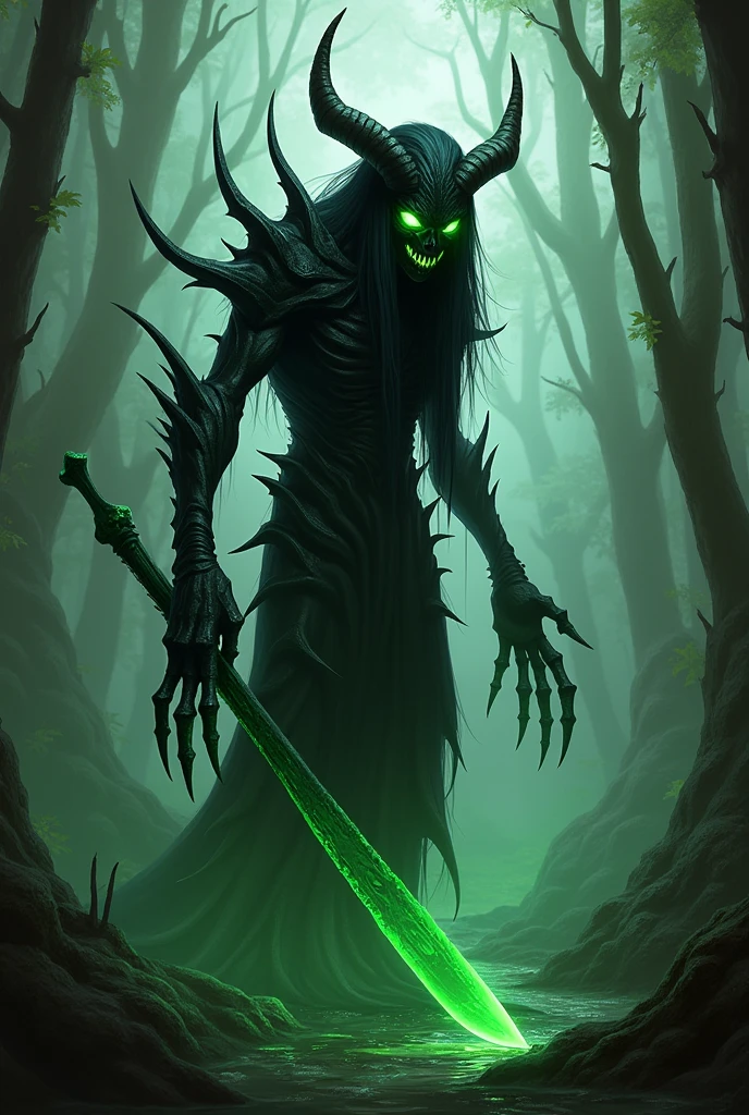 a creature with a body like a human, only it has a kind of sharp bone at the ends of both hands, forming a kind of scythe that extends to the back of its elbows.,and its hair is like a sharp scythe that extends to its rear abdomen,it has many sharp bones that protrude forming thorns all over its body, glowing green, and its body is black, Its eyes are also a glowing green,he has some horns on his head that are not perfect,it is in a dense swamp forest 