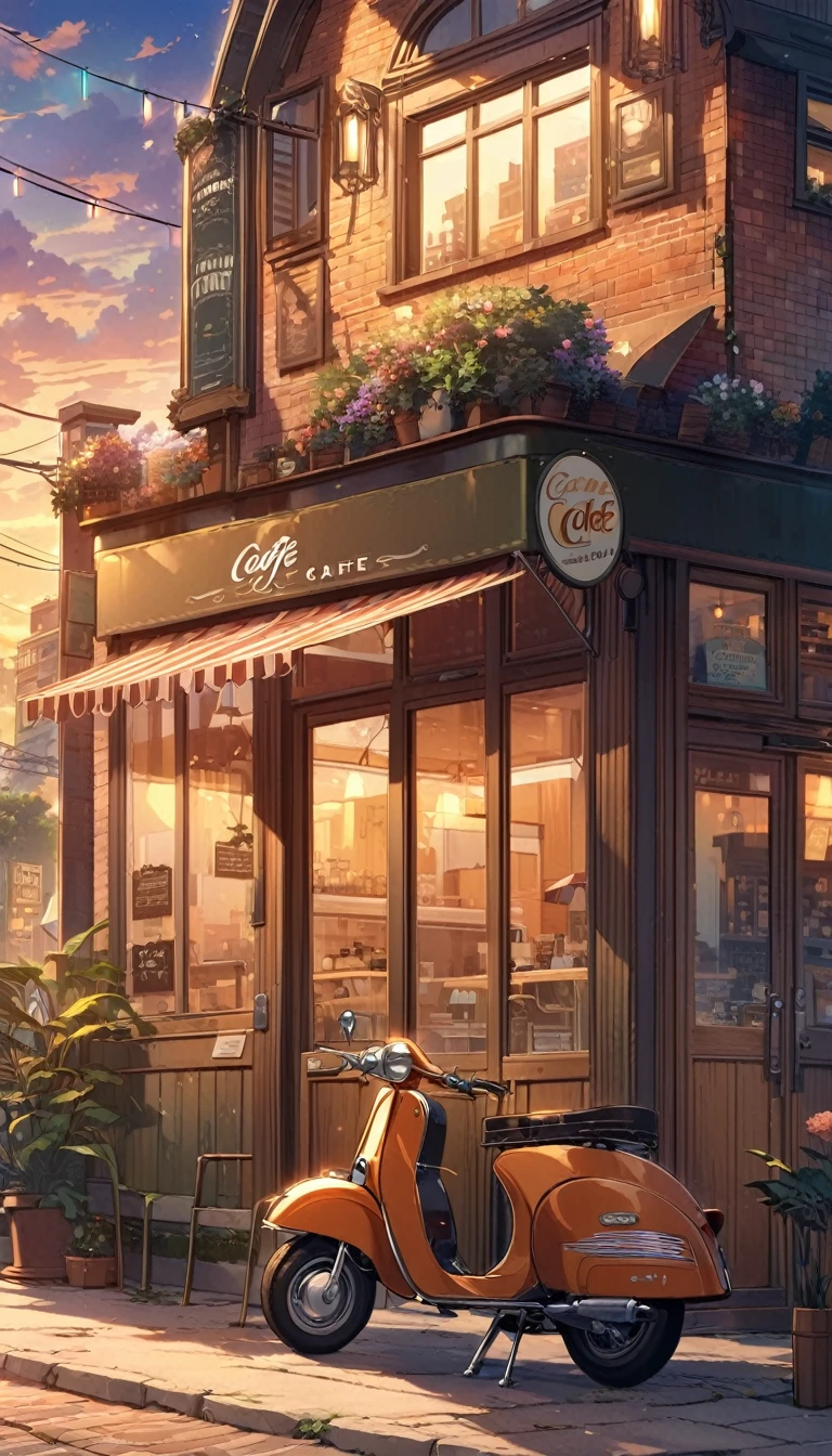 a painting of a scooter in front of a cafe with a sunset in the, cozy cafe background, cafe, beautiful retro art, scenery artwork, cafe in the clouds, warm beautiful scene, scenery art detailed, diner caffee, dream scenery art, watching the sun set. anime, anime scenery, in a sidewalk cafe, at a beautiful sunset, beautiful aesthetic art, nightcafe, in a bright cafe, super detailed color art, beautiful comic art, beautiful anime scenery, retro style art