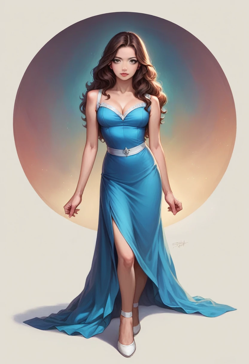 high quality, 45k, super realistic, photorealistic, detailed portrait, 1girl, asian, desi female, long dark brown wavy hair, grey eyes, thin glossy lips, light makeup, royal blue a line dress, white ankle strap pumps, posing, party club background, full length view, extremely detailed face and eyes, highly detailed skin, beautiful eyes, beautiful lips, intricate details, cinematic lighting, rich colors, dramatic contrast