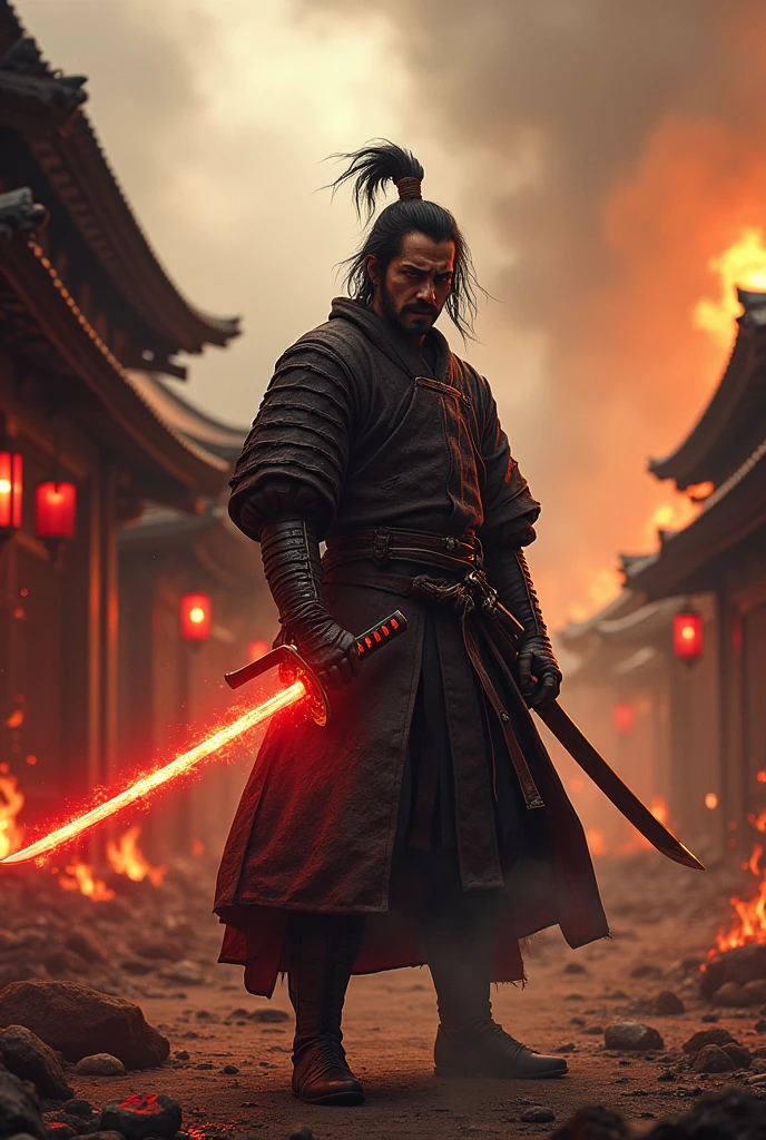 A samurai in a burning village angry holding his katana which red in color with hot tempered blade and he is alone
