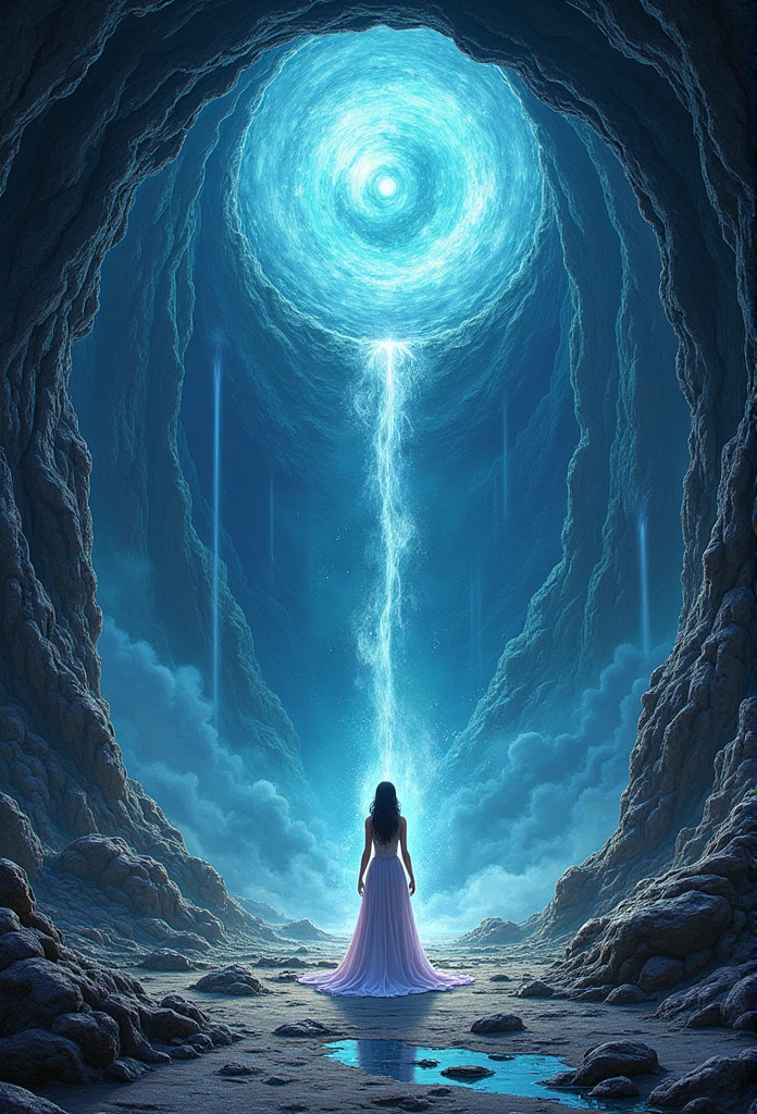 Fantasy comic style.,The abyss is 20 km in diameter.,12 kilometers underground in the abyss,She has a beauty that is not of this world., Beyond common sense, and curses, But there is no sun in the sky.