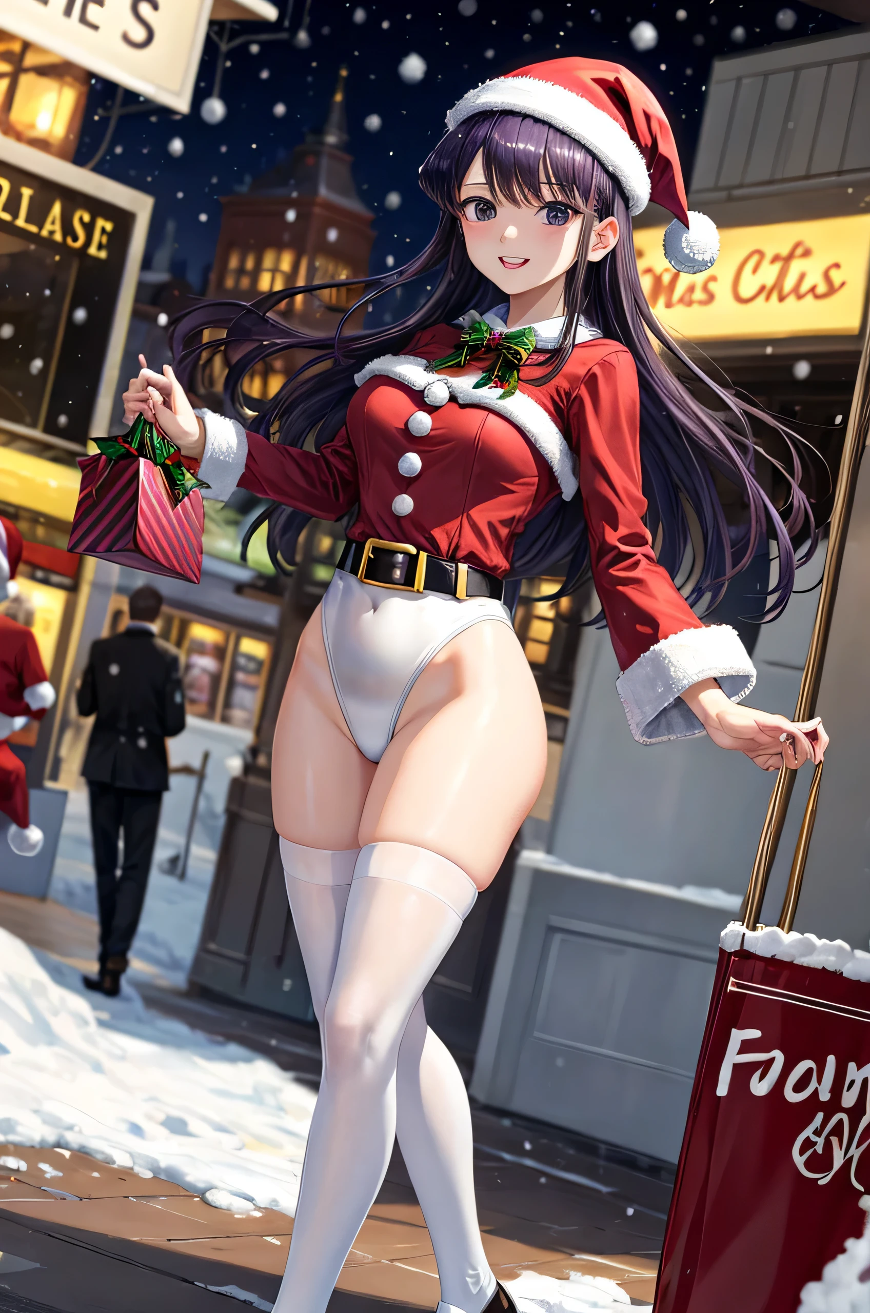 Komi Shouko、top-quality、Full limbs、complete fingers、Slender beauty、straight haired、Purple hair、Beautiful Large Breasts、(Detailed ultra-oily shiny skin:1.1)、oily shiny thighhigh、(Perfect bright red Santa Claus leotard:1.3)、((White High Socks))、Wearing a Santa Claus hat、((Wearing a Santa Manto))、Beautiful、A smile、Winter cityscape、shopping street、It's snowing、white Christmas、Christmas cakes are sold in stores