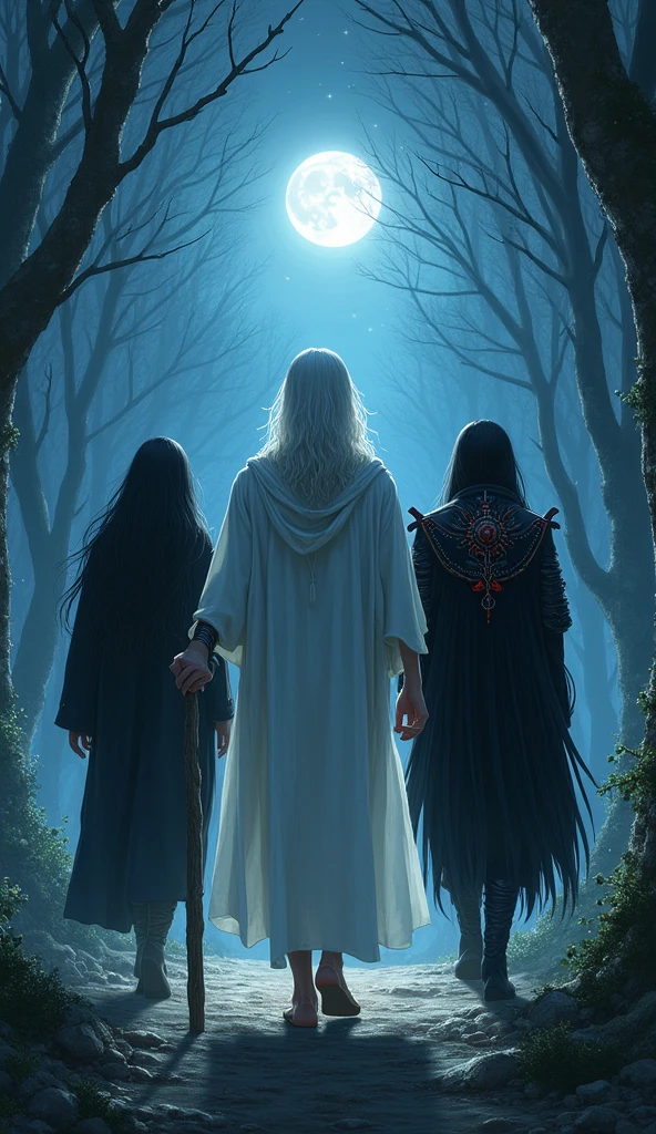 "A simple scene of three characters walking through a forest at night。A shaman in a white outfit stands in the center.、Holding a stick in each hand, looking straight ahead。Around the shaman、Vortex and Varys are walking。Vortex has a black coat and long black hair.、Varys has long black hair and wears black gothic armor with blood red jewels and decorative armor.。Stars shining in the night sky、Moonlight on the tree々It shines through the gaps to light the way.。The whole scene has a tranquil and mysterious atmosphere.。"