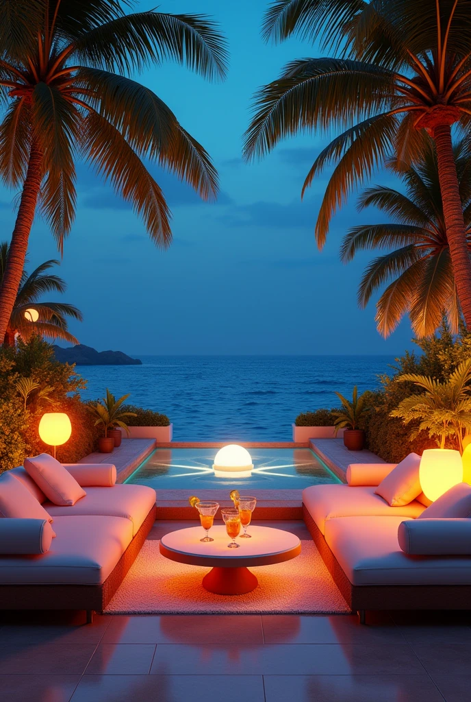 A stunning 3D representation of a luxurious paradisiacal setting, capturing the essence of opulence and natural beauty and surealism. The scene is viewed from a luxurious terrace adorned with plush cushions and modern lighting that exude warmth and elegance. in the center a small table with cocktails. In the background, the clear night over the calm sea, giving a bright tone to the swaying palm trees. The overall atmosphere is cinematic and modern, evoking a sense of glamor and sophistication., photo, fashion, vibrant colors cinematic, 3D rendering